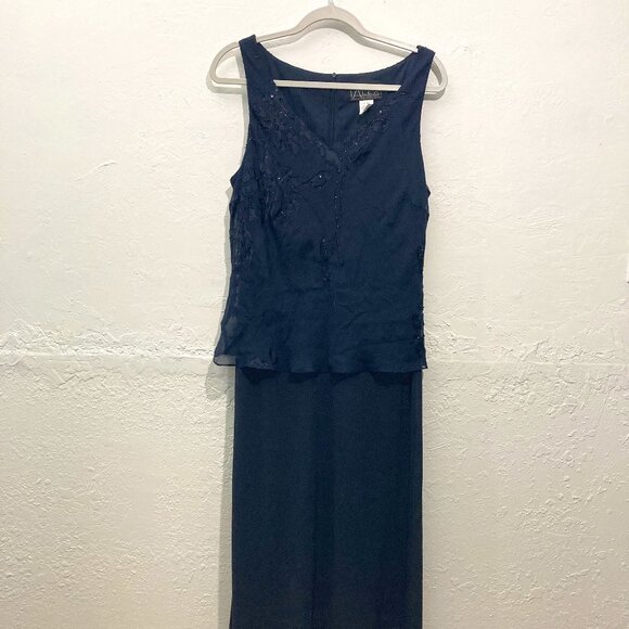 Alex Evenings Maxi Dress Gown Cocktail Holiday Burnout Sheer Floral Silk Navy - Picture 1 of 13